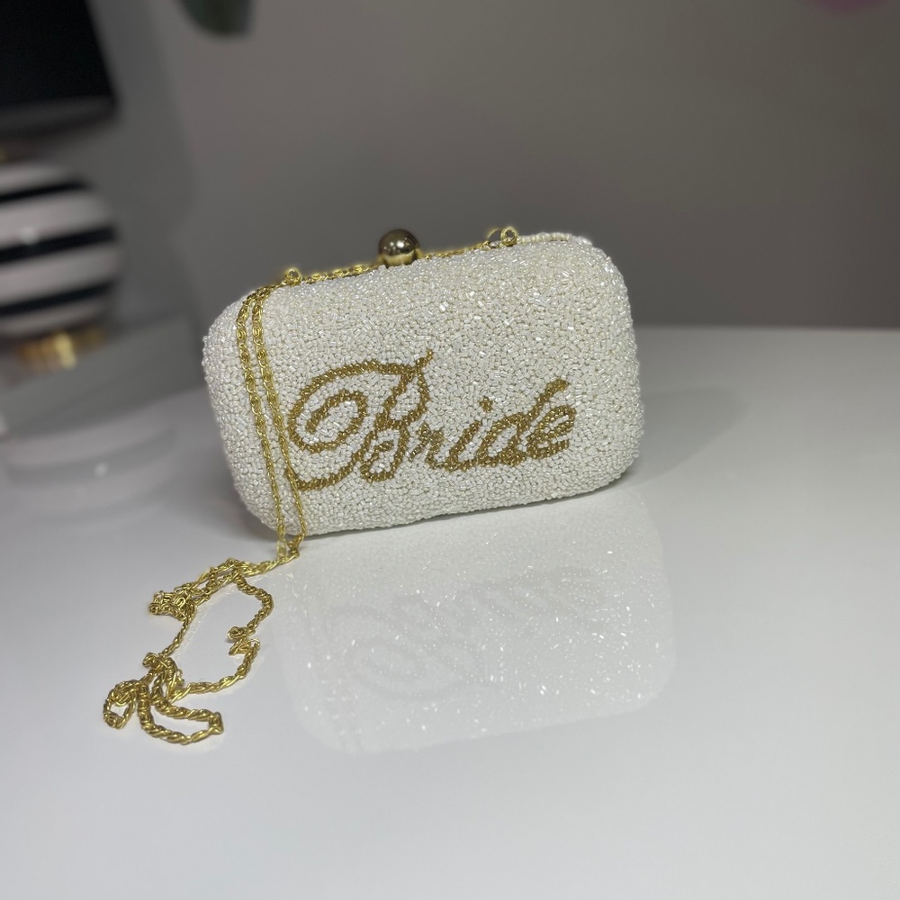 Bride Embellished White Beaded Clutch with Gold Script